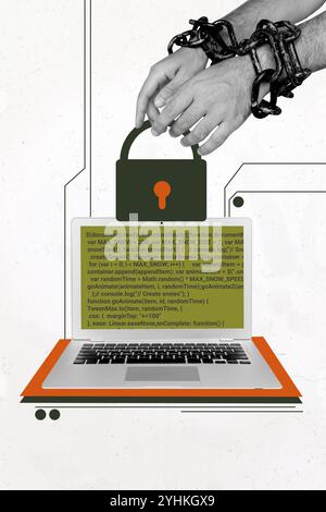 Composite trend artwork sketch image collage of hand fist gesture chain control jail laptop display coder security cyberattack data lock Stock Photo