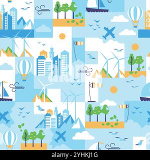 A Colorful Cityscape Featuring Vibrant Nature and Exciting Air Travel Elements All Around Stock Vector