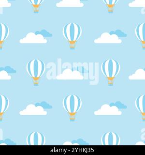 A Vibrant and Colorful Pattern Featuring Hot Air Balloons Floating Among Soft, Fluffy Clouds Stock Vector