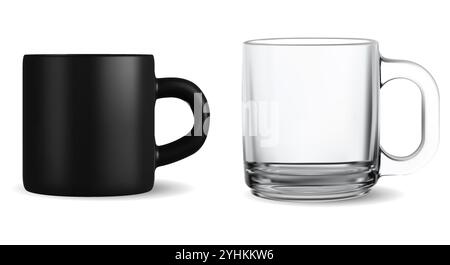 Black porcelain tea mug glass cup vector illustration. Hot drink ceramic teacup with handle, traditional realistic dishware mockup. Simple coffee cup Stock Vector