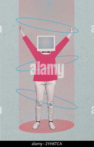 3D photo collage template trend artwork sketch of aged woman headless stand obsolete computer monitor head hand up success circle Stock Photo