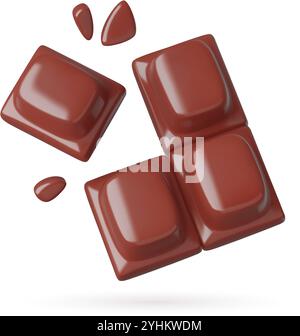 Chocolate bar 3d emoji. Cute blocks of dark chocolate with crumbs. Three dimensional vector food icon isolated on white. Stock Vector