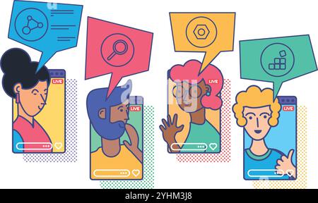 Bloggers broadcast live via smartphone app. Vloggers live stream. Digital communication idea. Characters recording online broadcast. Conceptual vector Stock Vector