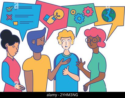 Team of people of different nationalities have united and are having lively discussion to solve common problems. International conference. Simple flat Stock Vector
