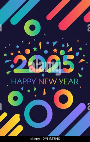 Vertical Happy 2025 New Year holiday poster in night disco gradient colors with date 2025 and festive fireworks. Template for printing, announcement p Stock Vector