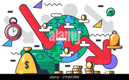 Graph of falling asset prices and coming global recession. Inflation and depreciation of purchasing power of money. Conceptual contrast vector illustr Stock Vector