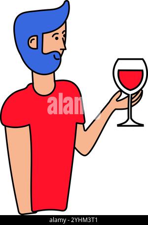 Vector illustration of a character holding a glass of red wine in an outline cartoon style. Exquisite wine culture, tastings. A visitor enjoys variety Stock Vector