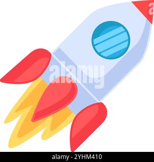 Space rocket taking off to deliver cargo and astronauts into orbit icon. Launch of modern spacecraft for space exploration element. Simple flat vector Stock Vector