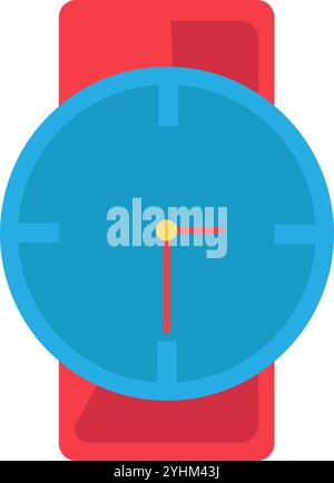Round wristwatch with red leather strap icon. Classic tool for measuring time in everyday life element. Simple flat vector isolated on white backgroun Stock Vector