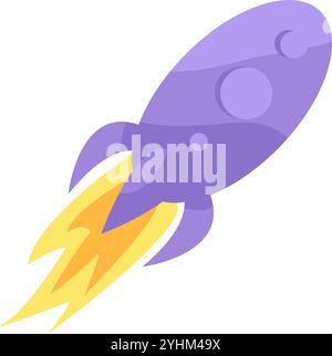 Spaceship rocket takes off from cosmodrome releasing tongues of flame icon. Launch of equipment for study of near and deep space element. Simple flat Stock Vector