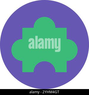 Green puzzle piece on blue round sticker background icon. Connecting element of single whole to build general picture element. Simple flat vector isol Stock Vector