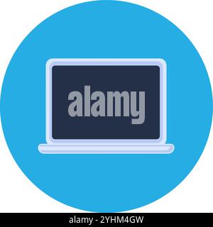 Open laptop round sticker. Portable personal device abstract techno circle icon for modern and retro technological design. Simple color vector pictogr Stock Vector