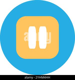 Yellow square pause button on round blue sticker background icon. Suspension of presentation and technical assignment element. Simple flat vector isol Stock Vector