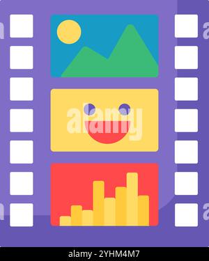 Cut piece of film strip containing stills from movie icon. Obsolete equipment for filming TV shows and movies element. Simple flat vector isolated on Stock Vector