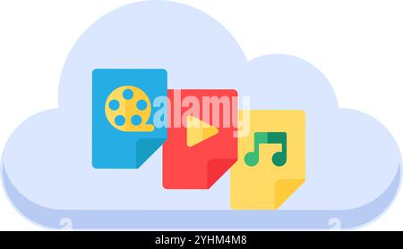 Symbols of cinema music and multimedia files inside digital cloud icon. Cloud storage of video and audio music files element. Simple flat vector isola Stock Vector