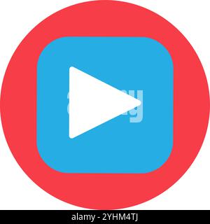 Blue square music player button on round red sticker background icon. Browser media player control element. Simple flat vector isolated on white backg Stock Vector