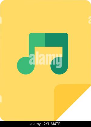 Green musical melody sign on yellow rectangular sticker with curled corner icon. Bookmark of favorite audio track in internet media player element. Si Stock Vector