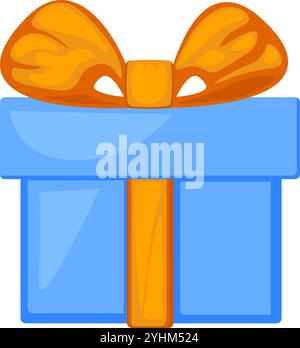 Holiday blue gift box with surprise tied with silk ribbon. Festive weekend gift for loved one for cartoon vector illustration isolated on white backgr Stock Vector