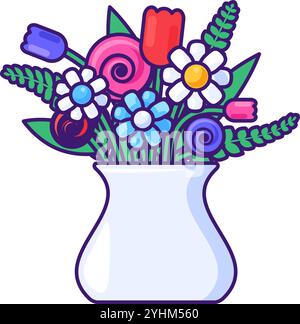 Vector graphic illustration of fascinating bouquet in a vase in vibrant outline cartoon style. Springtime or summertime decoration. Delightful mix of Stock Vector