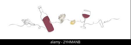 Seafood linear silhouette illustration with seashell, bottle of wine, oyster, lemon, glass, corkscrew drawing with color on white background Stock Vector