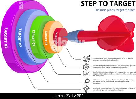 Target market strategy diagram. Dart hitting bullseye 3D business plan infographic with layered bullseye targets and marketing steps. Sales funnel or Stock Vector