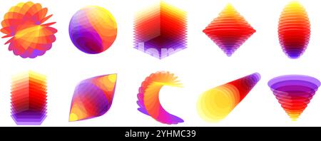 Overlapped 3D shapes. Layered color glass dynamic shape with colorful gradient overlay effect. Abstract translucent forms isolated vector illustration Stock Vector