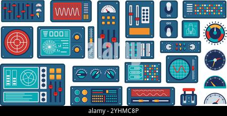 Retro dashboard UI. Futuristic spaceship control panel with dials knobs ...