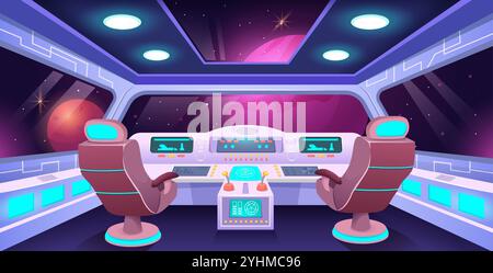 Spaceship cockpit interior. Futuristic space station control panels, pilot chairs and cosmic view of distant planets through cabin windows. Space Stock Vector