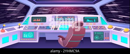 Futuristic spaceship cockpit. Hyper jump view from space station cabin with high tech control panel, pilot seat and cosmic backdrop. Cartoon Stock Vector