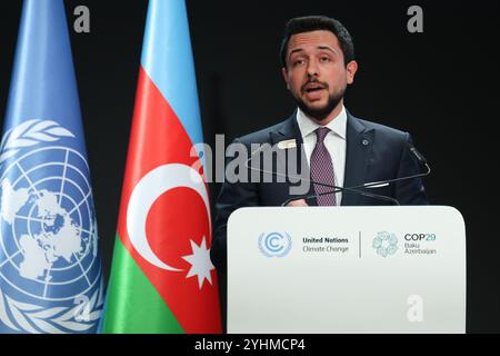 Baku, Azerbaijan, November 12, 2024. His Royal Highness Al Hussein bin Abdullah II, Crown Prince of Jordan speaks during First Part of the High-Level Segment of United Nations Climate Change Conference in Nizami Plenary Room during COP29, an event held by UNFCCC in Baku Olympic Stadium. COP29, running from November 11-22 focuses on carbon offset clean energy finding. Credit: Dominika Zarzycka/Alamy Live News Stock Photo