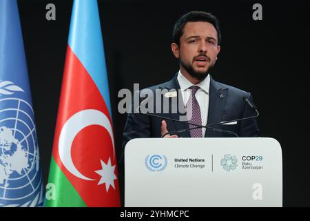 Baku, Azerbaijan, November 12, 2024. His Royal Highness Al Hussein bin Abdullah II, Crown Prince of Jordan speaks during First Part of the High-Level Segment of United Nations Climate Change Conference in Nizami Plenary Room during COP29, an event held by UNFCCC in Baku Olympic Stadium. COP29, running from November 11-22 focuses on carbon offset clean energy finding. Credit: Dominika Zarzycka/Alamy Live News Stock Photo