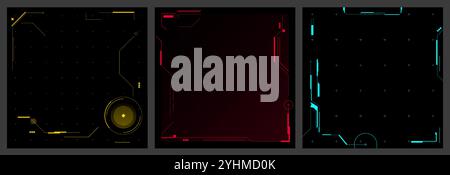 Futuristic tech backgrounds. Abstract cyber backdrop, sci fi digital interface square, high technology UI with geometric frames for video game menu Stock Vector
