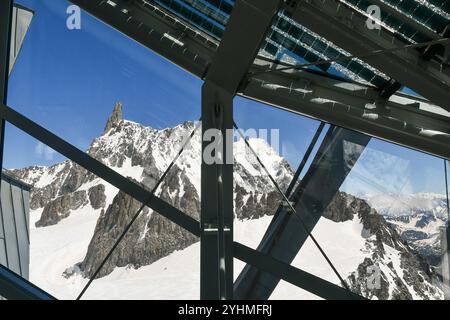 View of the Dente del Gigante (Giant’s Tooth, 4014 m) from the windows of Punta Helbronner (3466 m) at the Skyway Monte Bianco cableway station, Italy Stock Photo