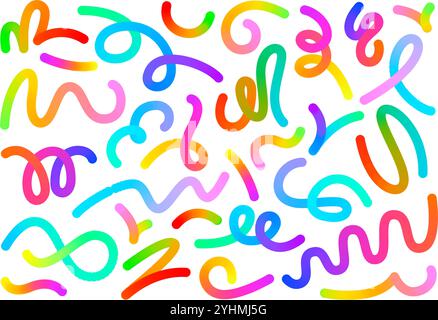 Gradient line. Colorful swirling curves, vibrant abstract wavy shapes and dynamic curved forms with fluid color blend transition. Artistic flow lines Stock Vector