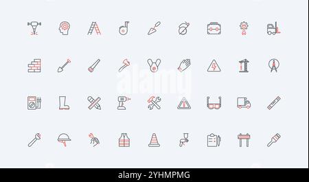 Equipment of construction site and industry worker, warning of safety rules line icon set. Personal respirator mask and hardhat, glove, glasses thin black and red outline symbols vector illustration Stock Vector