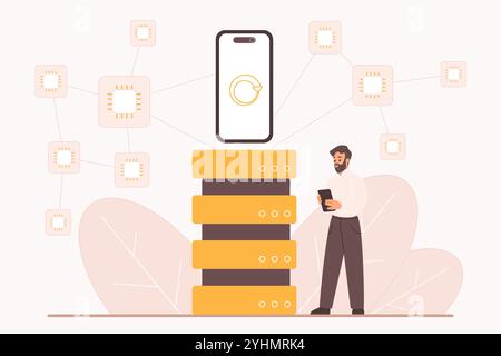 Dapps, decentralized application, P2P, open source software and ethereum blockchain technology. Tiny man with mobile phone, server and peer to peer network connection cartoon vector illustration Stock Vector