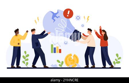 Bad business idea, project failure and loss of money. Tiny people holding broken light bulb with crack, have no motivation after solution fail and financial crisis cartoon vector illustration Stock Vector