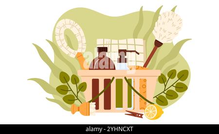 Eco friendly and natural cleaning products in wooden basket. organic detergents in glass bottles, household supplies with biodegradable materials in box to clean home cartoon vector illustration Stock Vector