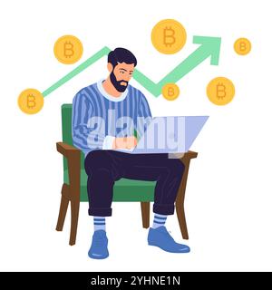 Vector illustration of a man analyzing Bitcoin price increase, symbolizing cryptocurrency market growth, crypto pump, potential financial gains in digital assets. Stock Vector