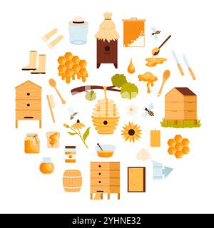 Honey and apiary products in round banner design. Honeycomb and hive on tree, natural honey jar and wax, wooden farm house for insects and dipper, beekeepers hat in circle cartoon vector illustration Stock Vector