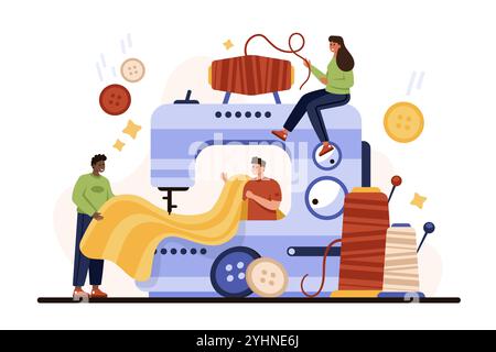 Atelier tailoring, workshop, fashion industry. Tiny people people create, sew clothes on big sewing machine, using textile, spools of thread and buttons for apparel cartoon vector illustration Stock Vector
