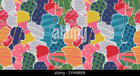 Crowd abstract art. Paper people silhouettes collage with newspaper text cutouts, polka dots and scribbles patterns. Social scrapbooking seamless Stock Vector
