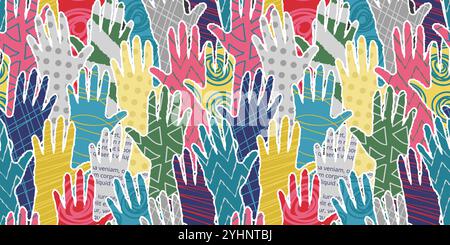 Hands crowd pattern. Diverse hand silhouettes collage, volunteers community helping hands scrapbooking paper cutouts with newspaper, polka dots and Stock Vector