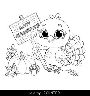 Adorable Thanksgiving coloring page featuring a cute cartoon turkey, surrounded by pumpkins, leaves, and a mushroom Stock Vector