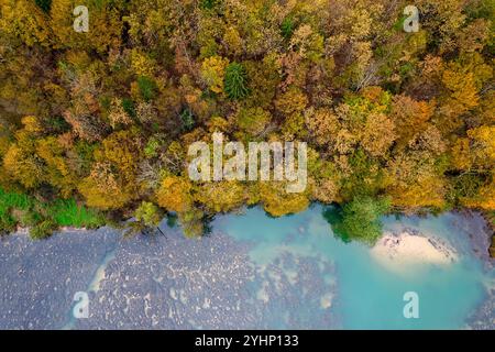 Beautiful autumn colours, autumn foliage around krka river in dolenjska region in slovenia, clean river surrounded with beautiful rural landscape Stock Photo