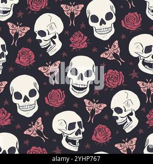Seamless pattern with hand drawn inky floral skulls surrounded by luna moths and roses Stock Vector