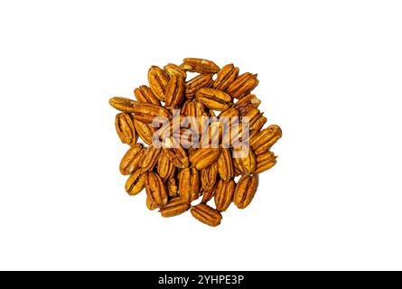 Pile Pecan nuts isolated on white background. Heap shelled Pecans nut closeup. Tasty raw organic food and healthy snack, Stock Photo
