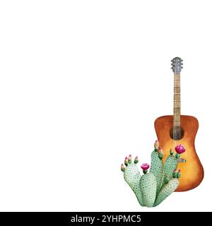 Composition for card with cactus - prickly pear - and guitar. Watercolor illustration isolated on white background. Painting for banners, postcards, d Stock Photo