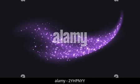 Purple magic cloud with sparkles, stardust sparkling decoration. Glowing glitter smoke trail. Stock Vector