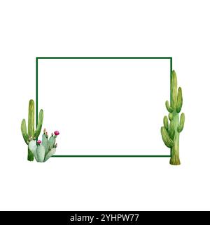 Composition with cactus - cereus and prickly pear with copy space. Watercolor illustration isolated on white background. Painting for banners, postcar Stock Photo